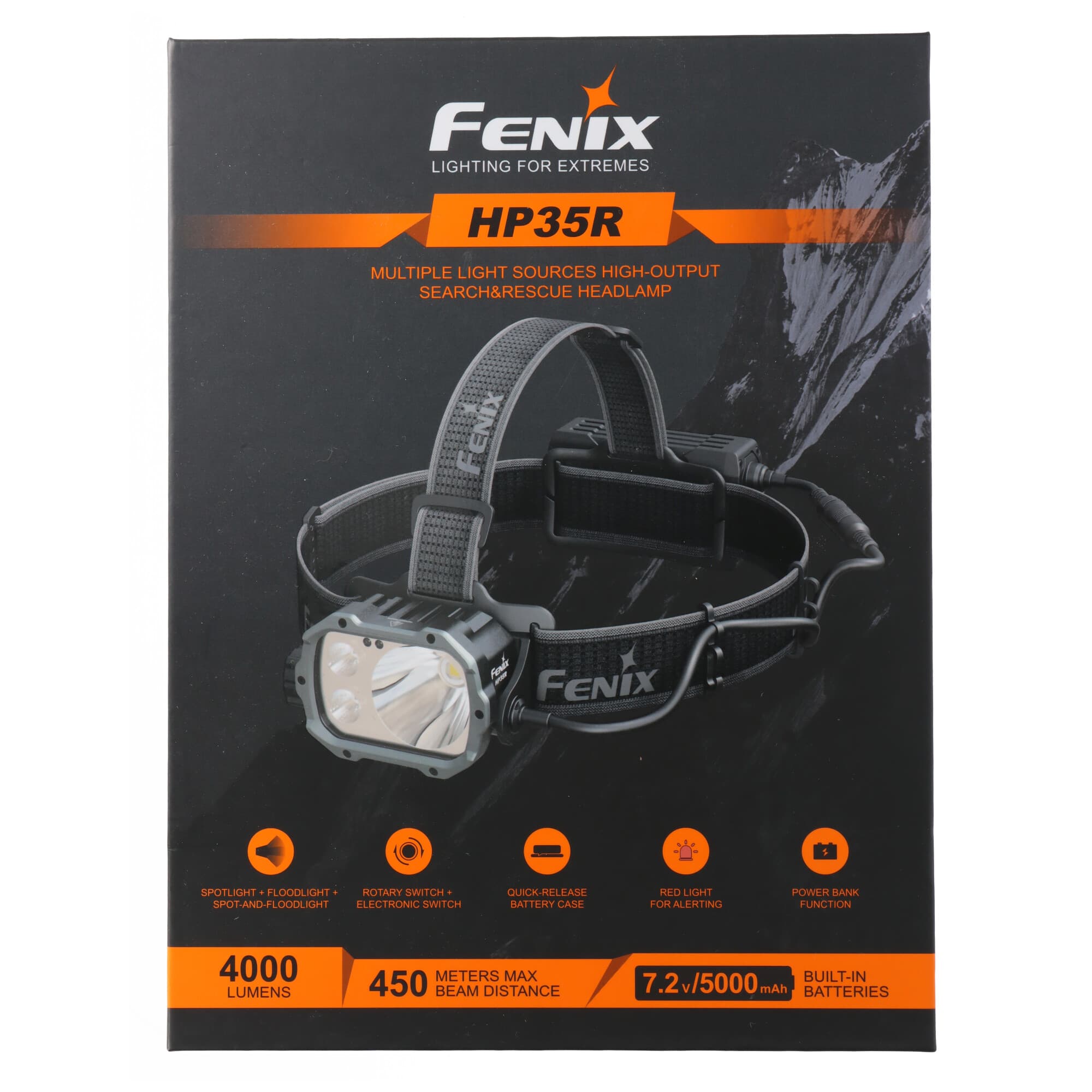 Lampe frontale LED Fenix HP35R, idéale pour les opérations de recherche et de sauvetage, max. 4000 lumens, portée de 450 mètres, compartiment à