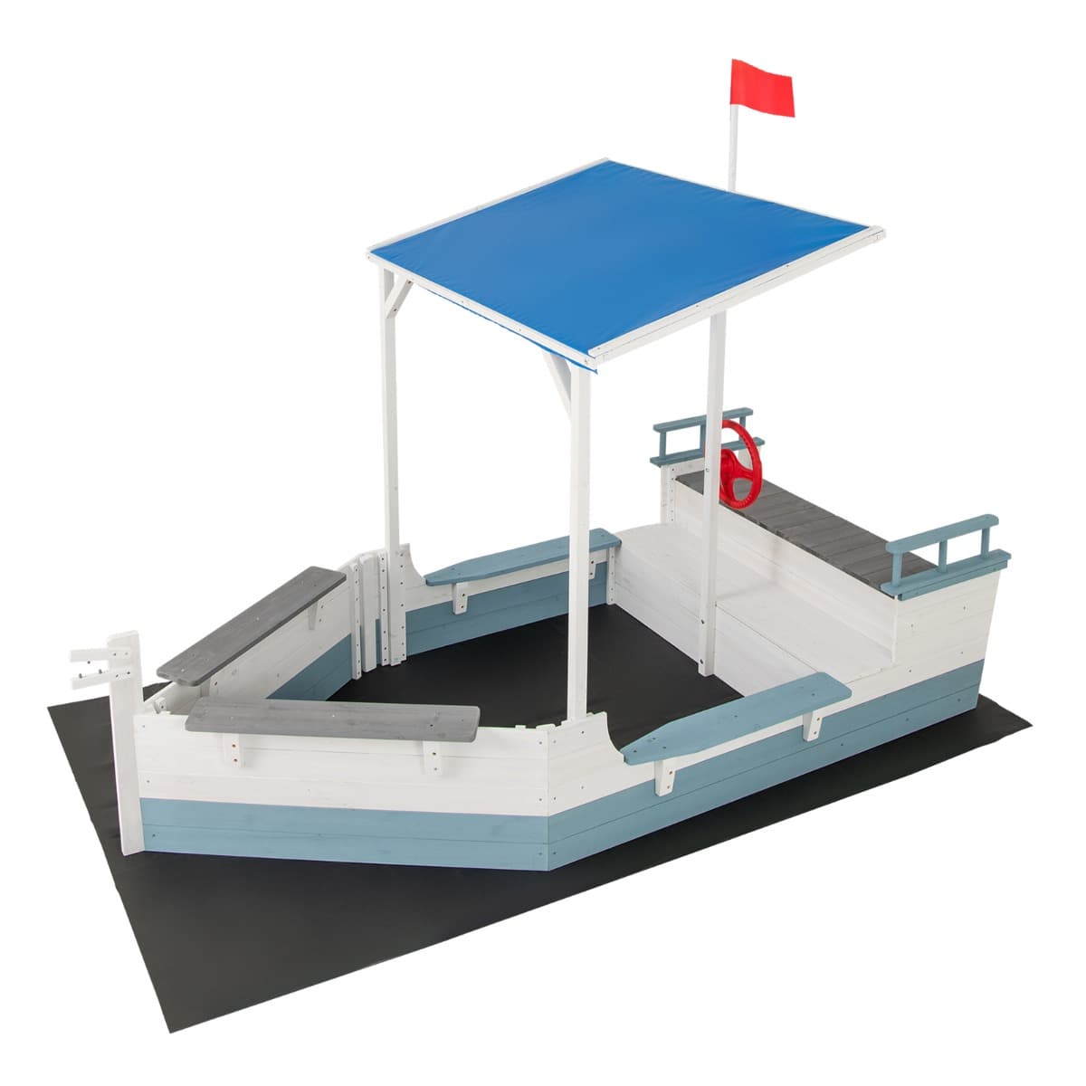 CostwayBac à Sable en Forme de Bateau Pirate avec Auvent Bac à Sable en Sapin avec Drapeau Gouvernail Bancs et Compartiments pour 3+ Ans Blanc