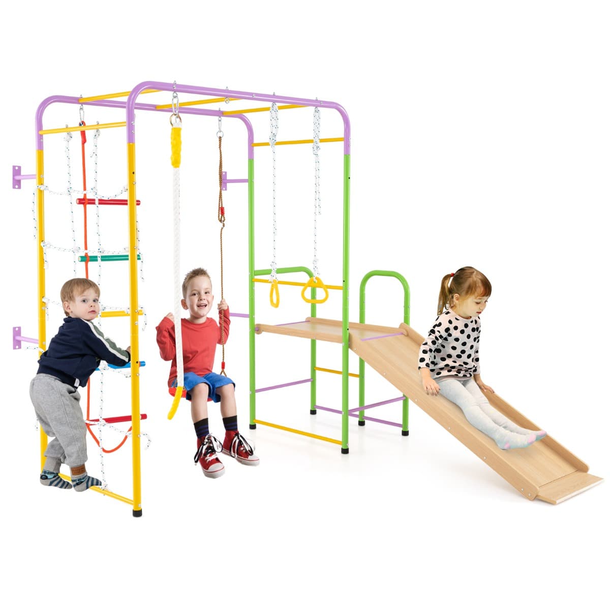 CostwayEnsemble de Jeux d'Escalade 8-en-1 avec Barres de Singe Mur Échelle Corde Anneaux de Gymnastique Balançoire pour Âges 3+ Multicolore
