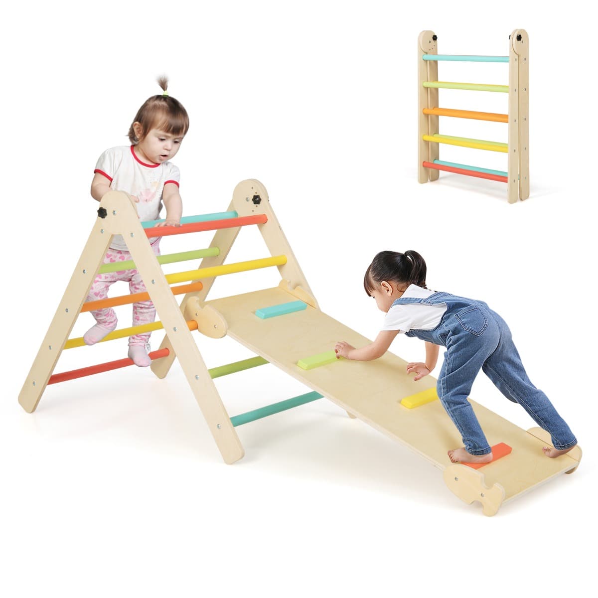 CostwayTriangle d’Escalade Montessori Pliable avec Rampe Double Face Échelle Triangulaire avec Hauteur Réglable pour 3 Ans+ Coloré