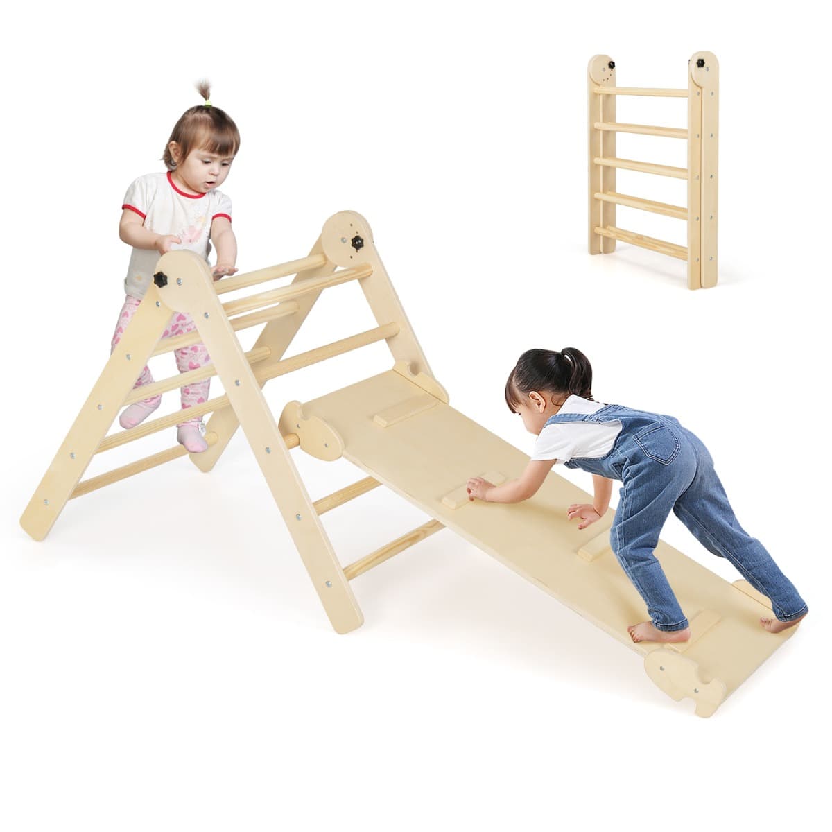 CostwayTriangle d’Escalade Montessori Pliable avec Rampe Double Face Échelle Triangulaire avec Hauteur Réglable pour 3 Ans+ Naturel